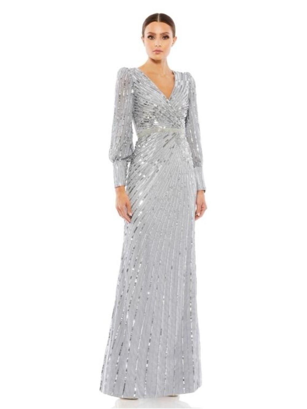 Mac Duggal 5501 Silver Sequined Wrap Over Bishop Sleeve Gown Size 4 NWT